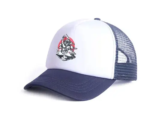 white and navy trucker hat
