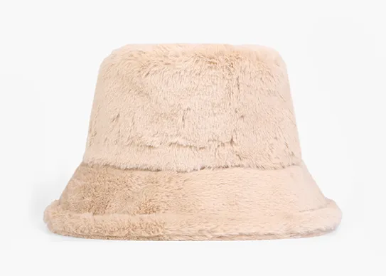 khaki fuzzy bucket hat